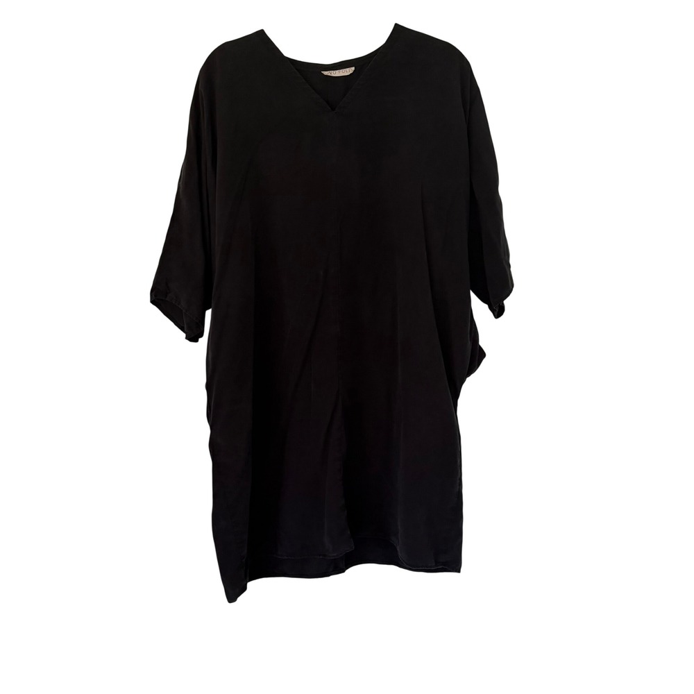 Two Fold Black V-Neck Oversized Tunic Dress with Pockets Womens Small